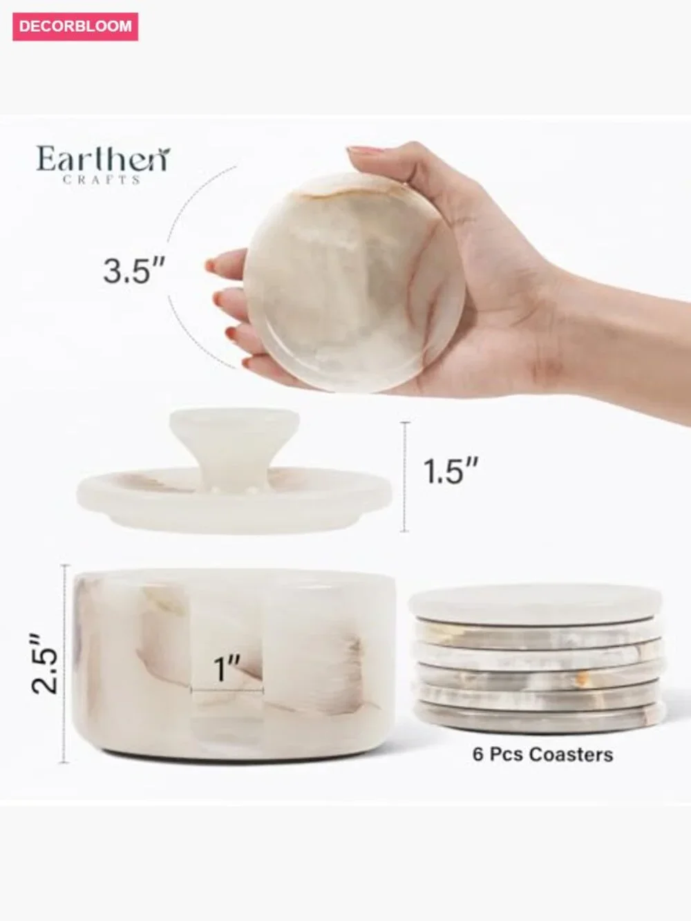 Set of 6 Handmade Marble Coasters with Holder - 3.5in